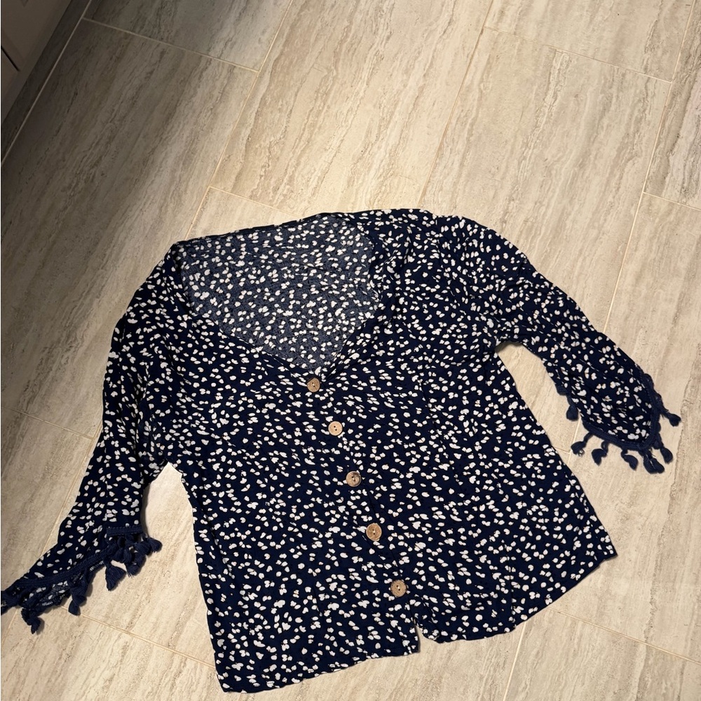 Navy Blue and White Button-Up Blouse